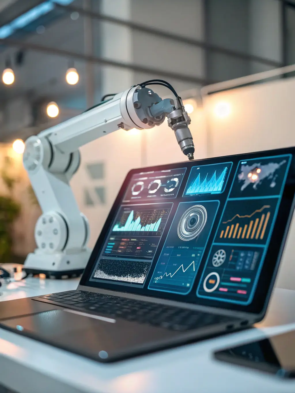 An image of a robot arm optimizing marketing campaigns on a digital dashboard, representing AI-powered marketing automation for Road2Capital.