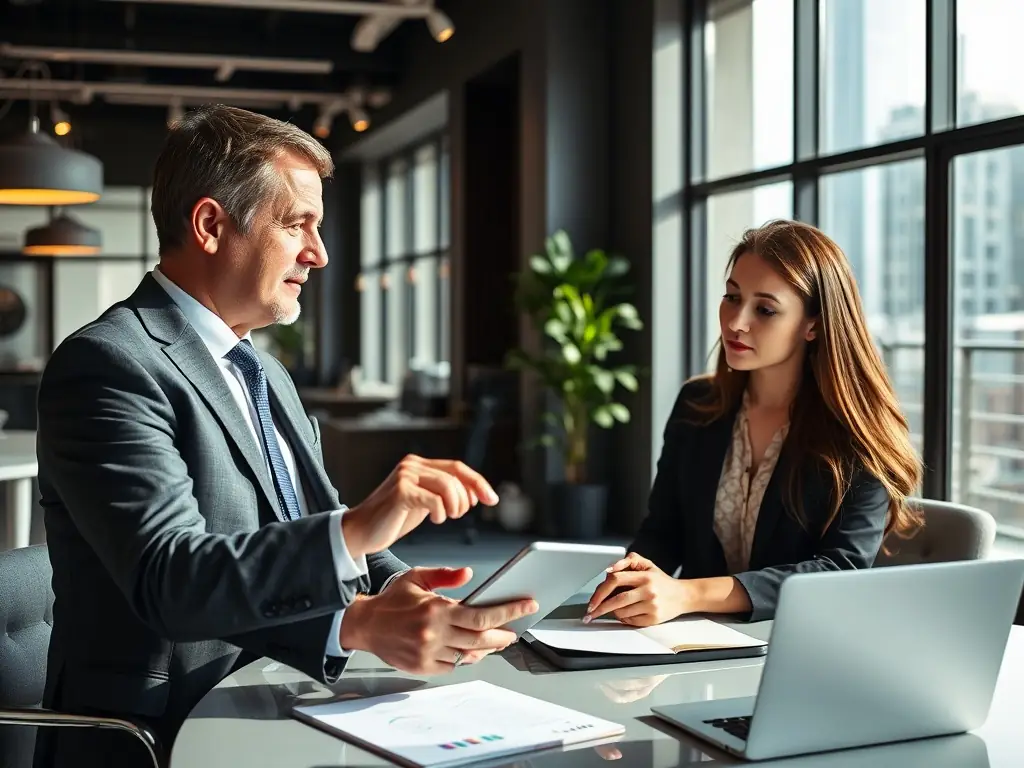 A professional business consultant in a modern office setting, reviewing growth charts and discussing strategies with a client, symbolizing expert guidance.