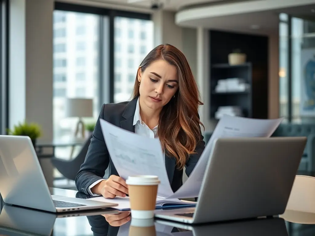 A professional entrepreneur is reviewing financial documents in a modern office, symbolizing the careful planning required for funding applications.