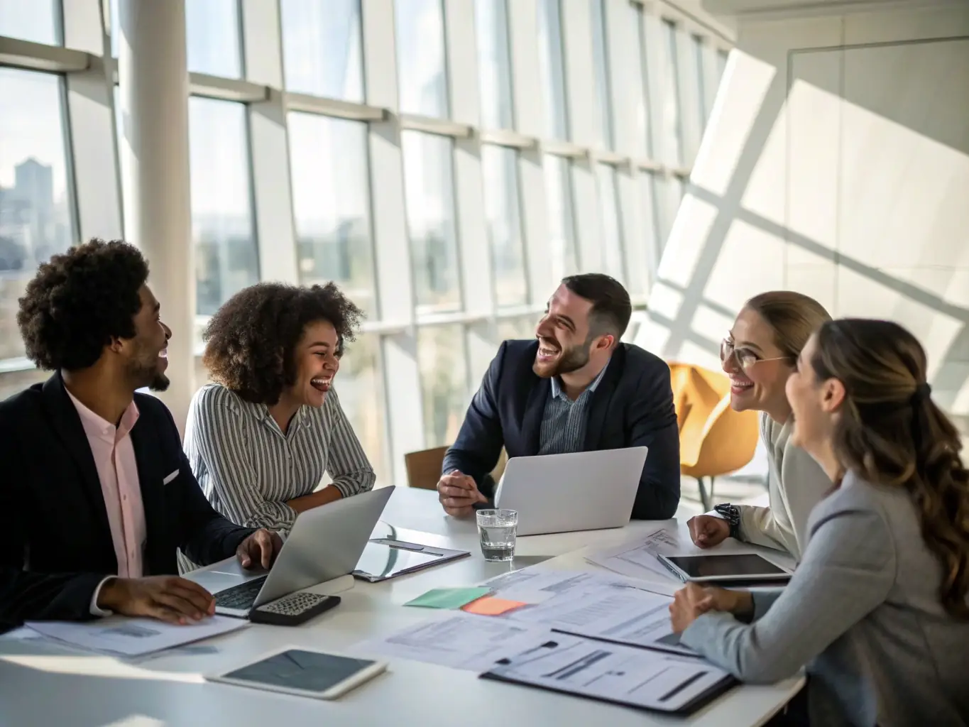 A diverse team of business professionals collaborating around a table, brainstorming innovative funding strategies.